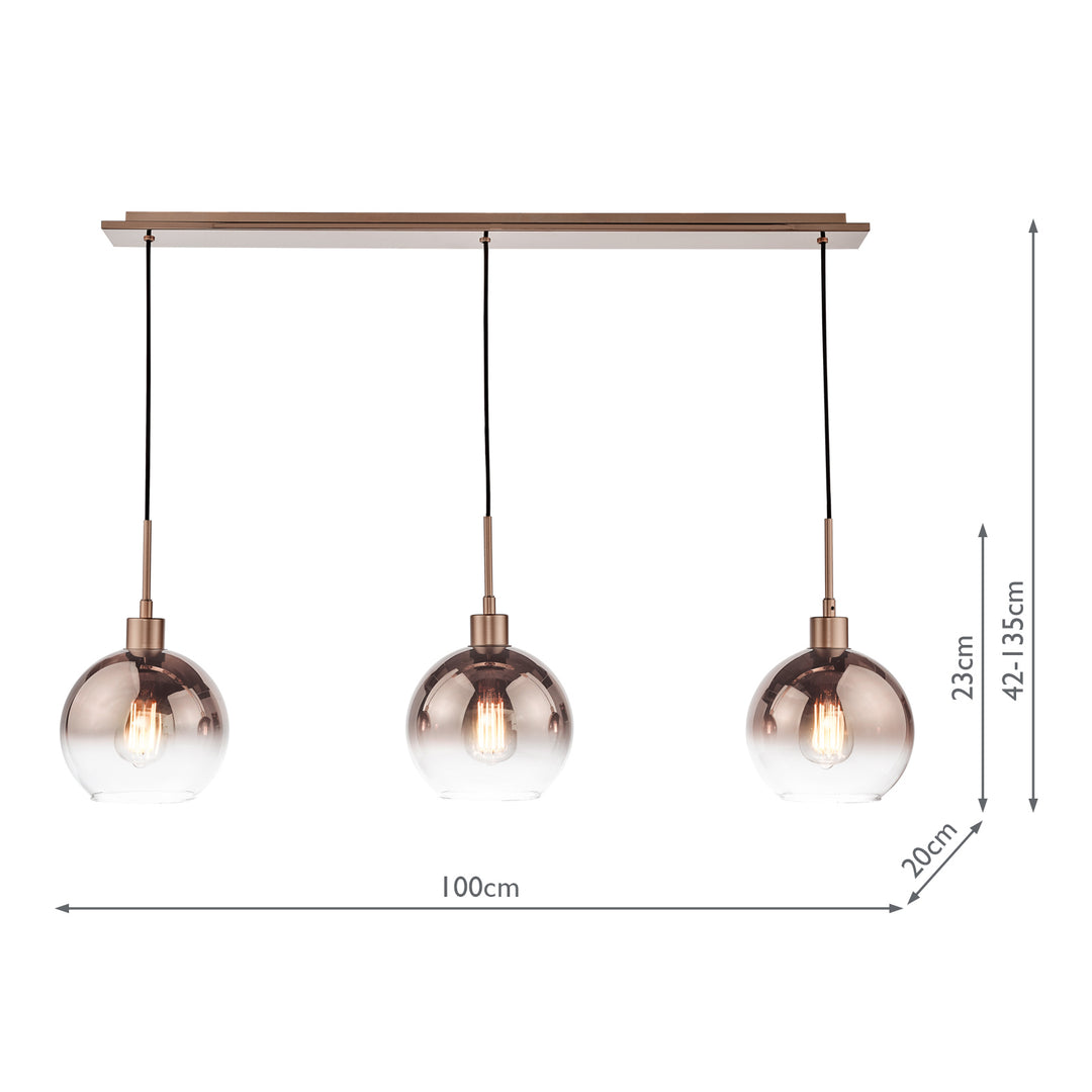 Dar LYC0329 Lycia 3 Light Bar Pendant Satin Bronze and Bronze Ombre Glass