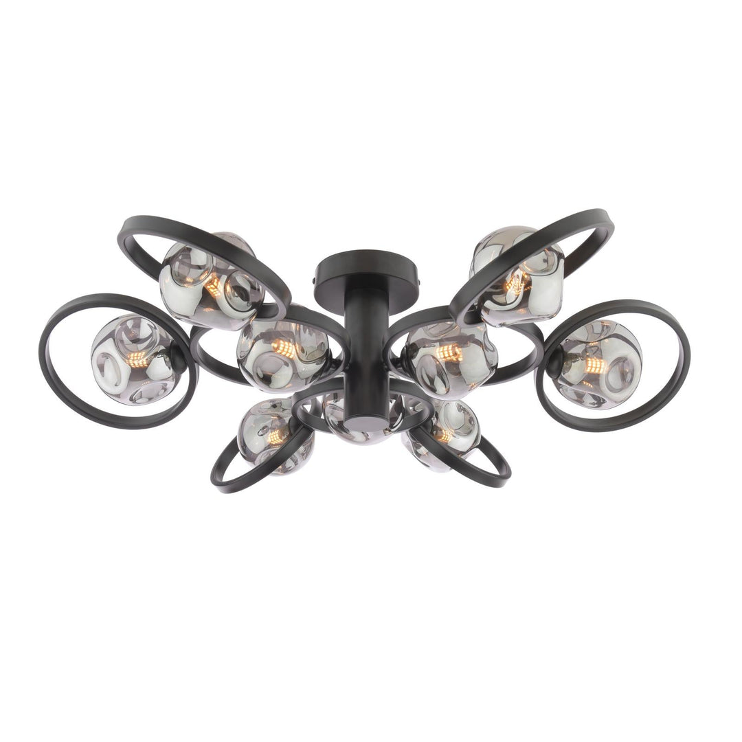 Dar LYN4822-28 Lynette 9 Light Semi-Flush Satin Black With Closed Organic Smoked Glass