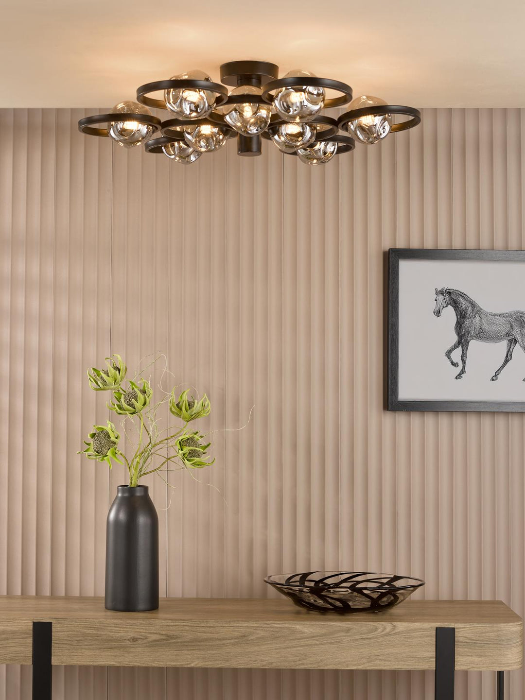 Dar LYN4822-28 Lynette 9 Light Semi-Flush Satin Black With Closed Organic Smoked Glass