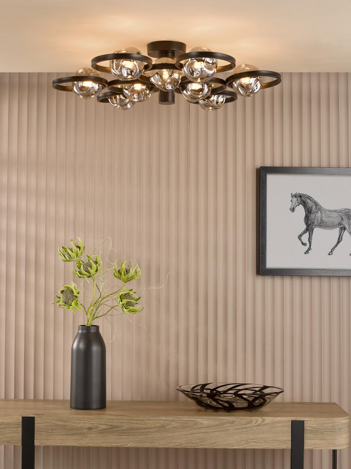 Dar LYN4822-28 Lynette 9 Light Semi-Flush Satin Black With Closed Organic Smoked Glass