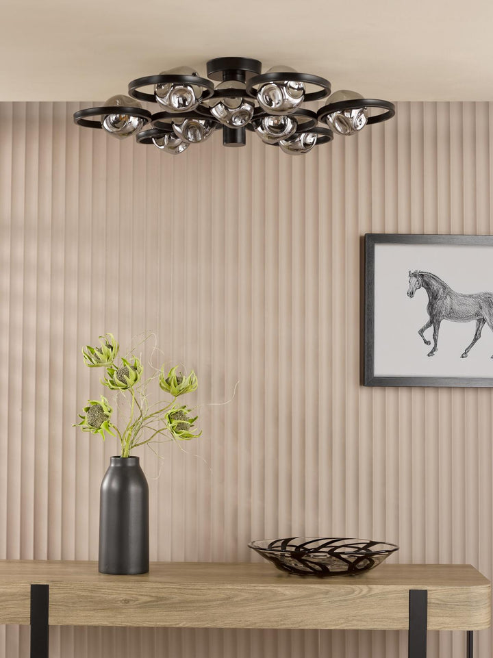 Dar LYN4822-28 Lynette 9 Light Semi-Flush Satin Black With Closed Organic Smoked Glass