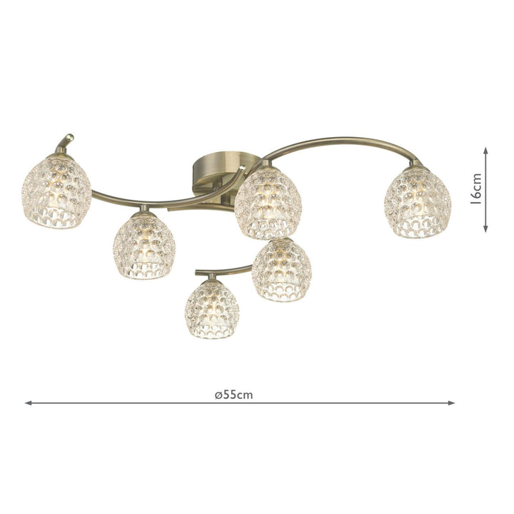 Dar NAK6475-06 Nakita 6 Light Semi Flush Antique Brass With Dimpled Open Glass