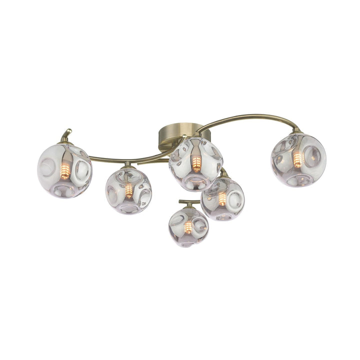 Dar NAK6475-28 Nakita 6 Light Semi Flush Antique Brass With Closed Organic Smoked Glass