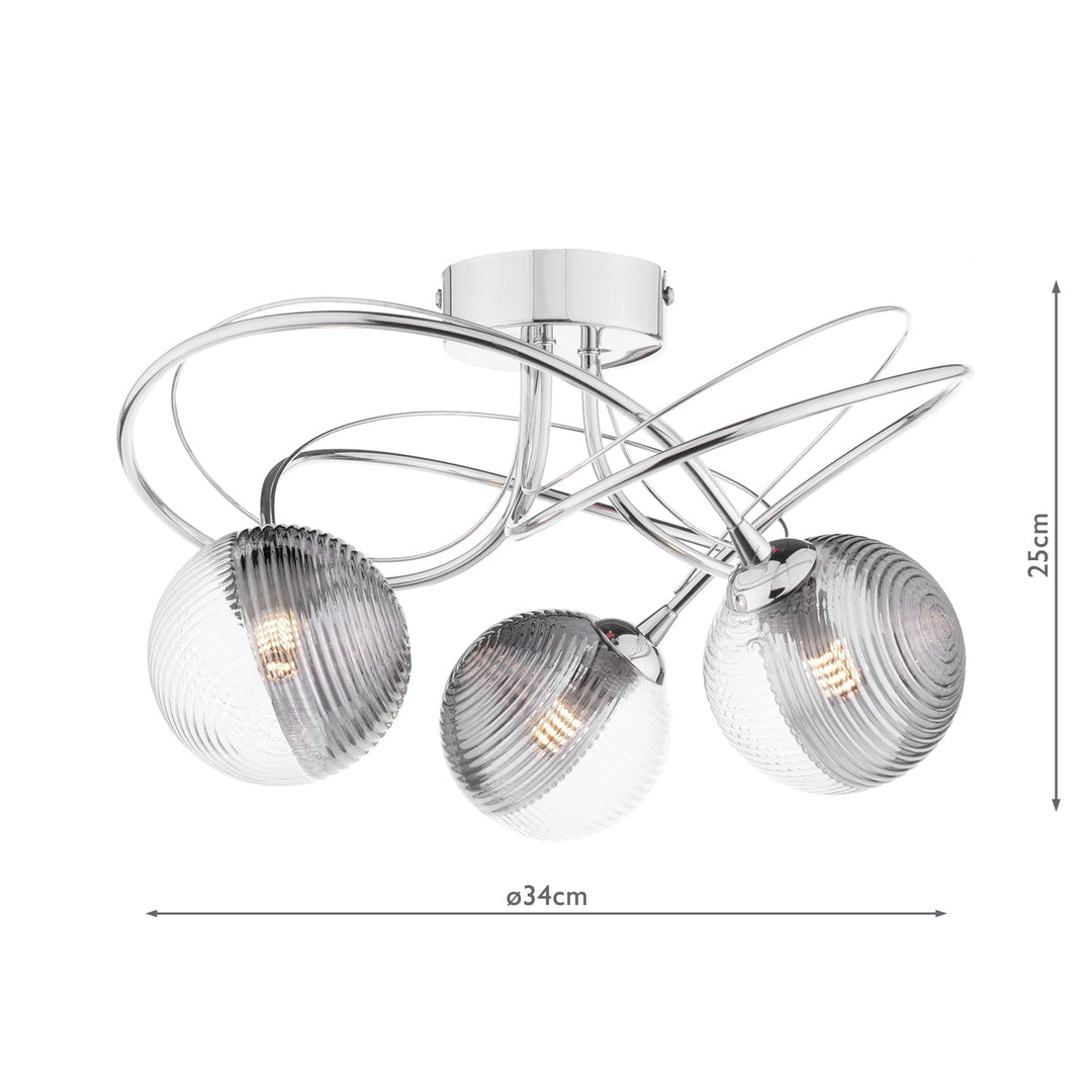 Dar ONA5350-18 Onawa 3 Light Semi Flush Polished Chrome With Smoked/Clear Ribbed Glass