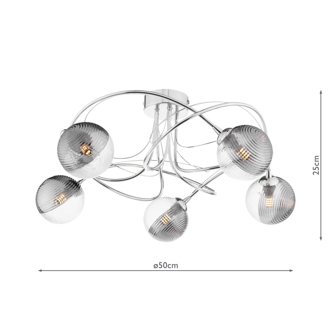 Dar ONA5450-18 Onawa 5lt Semi Flush Polished Chrome With Smoked/Clear Ribbed Glass