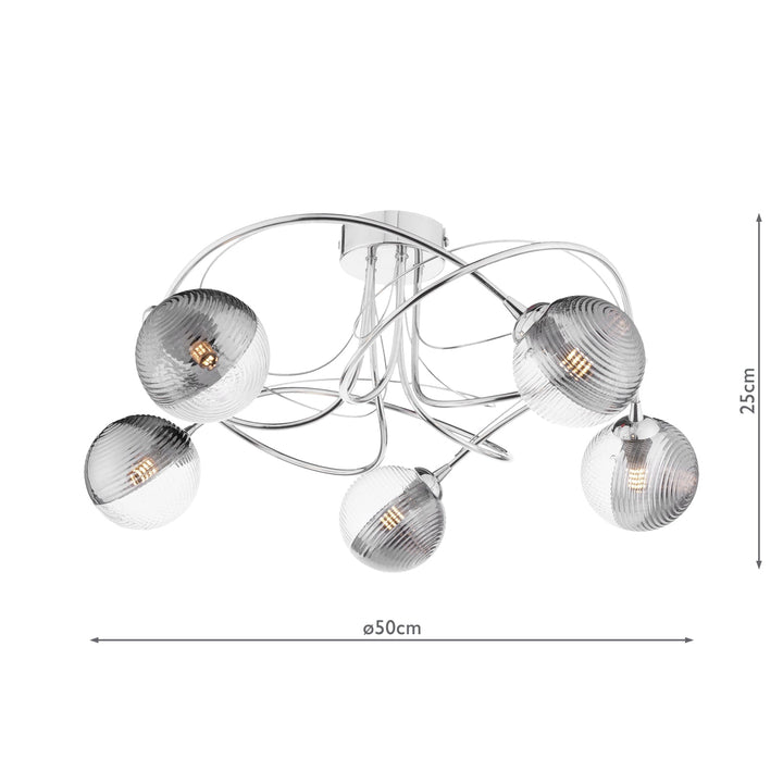 Dar ONA5450-18 Onawa 5lt Semi Flush Polished Chrome With Smoked/Clear Ribbed Glass