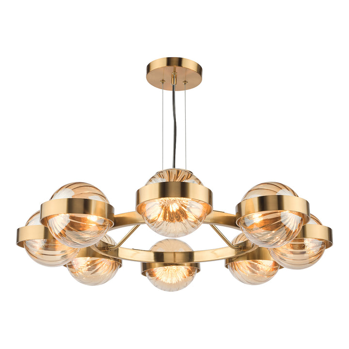 Dar OPH0835 Ophira 8 Light Pendant Antique Gold and Amber Ribbed Glass