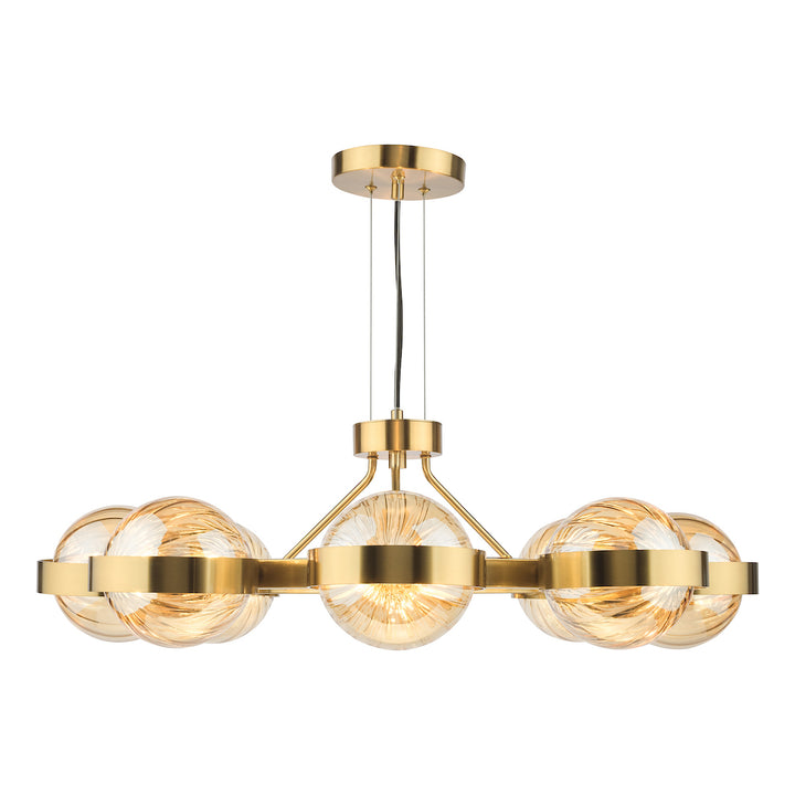 Dar OPH0835 Ophira 8 Light Pendant Antique Gold and Amber Ribbed Glass