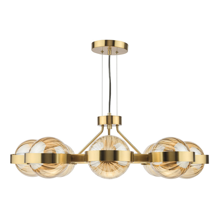 Dar OPH0835 Ophira 8 Light Pendant Antique Gold and Amber Ribbed Glass