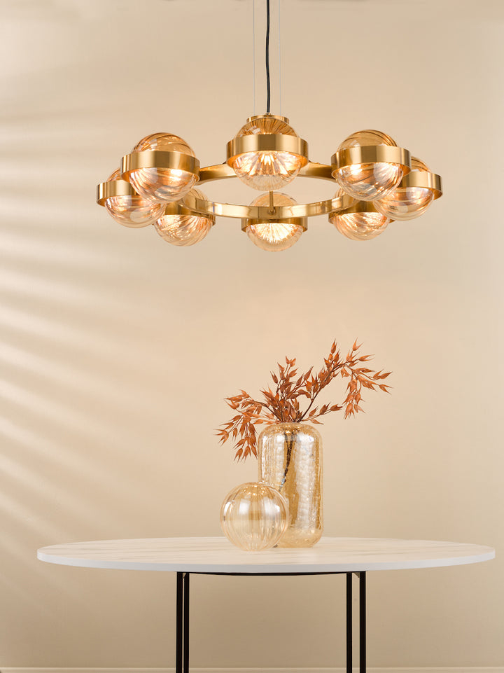 Dar OPH0835 Ophira 8 Light Pendant Antique Gold and Amber Ribbed Glass