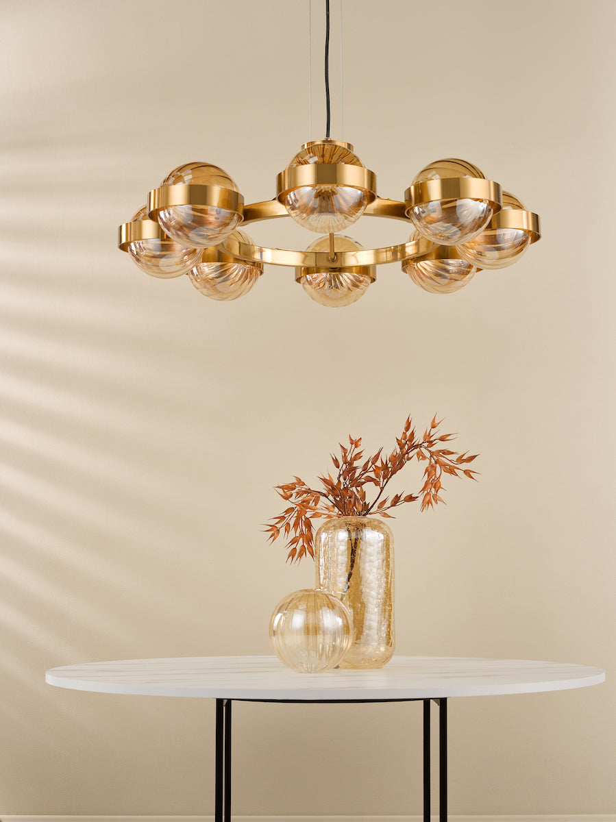 Dar OPH0835 Ophira 8 Light Pendant Antique Gold and Amber Ribbed Glass