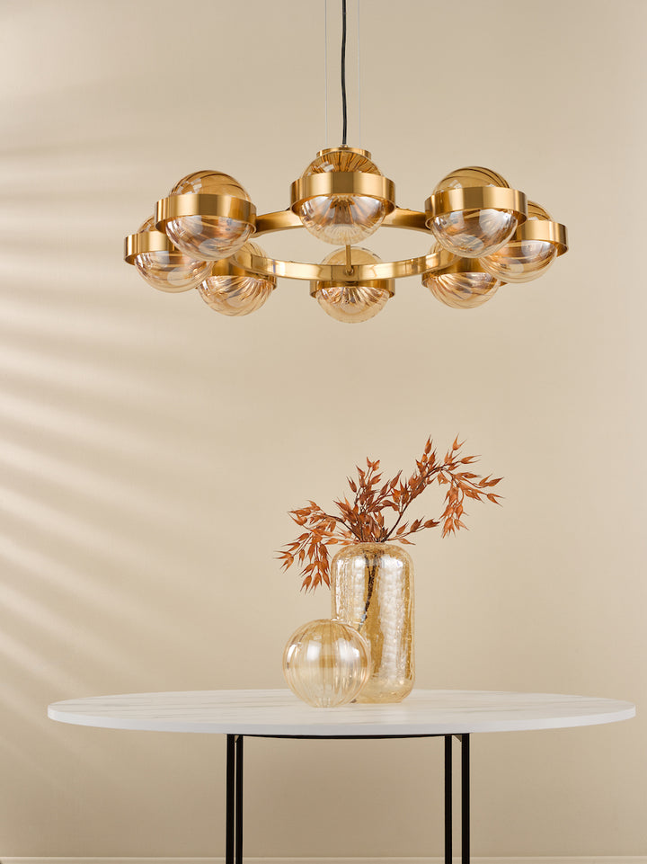 Dar OPH0835 Ophira 8 Light Pendant Antique Gold and Amber Ribbed Glass