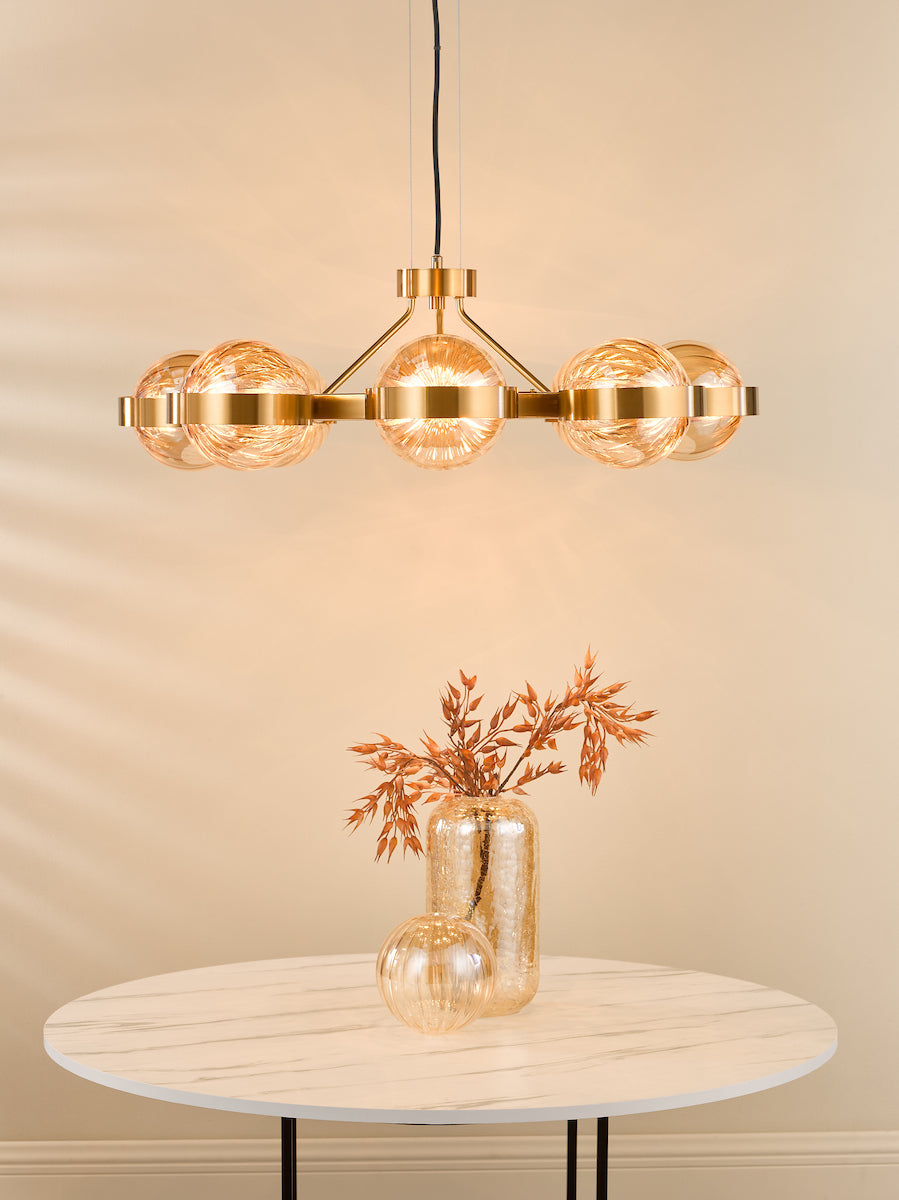 Dar OPH0835 Ophira 8 Light Pendant Antique Gold and Amber Ribbed Glass