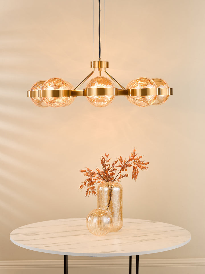 Dar OPH0835 Ophira 8 Light Pendant Antique Gold and Amber Ribbed Glass