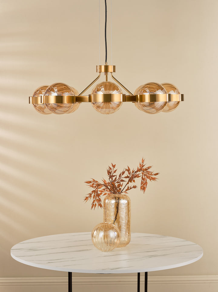 Dar OPH0835 Ophira 8 Light Pendant Antique Gold and Amber Ribbed Glass