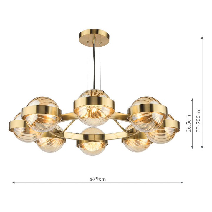 Dar OPH0835 Ophira 8 Light Pendant Antique Gold and Amber Ribbed Glass