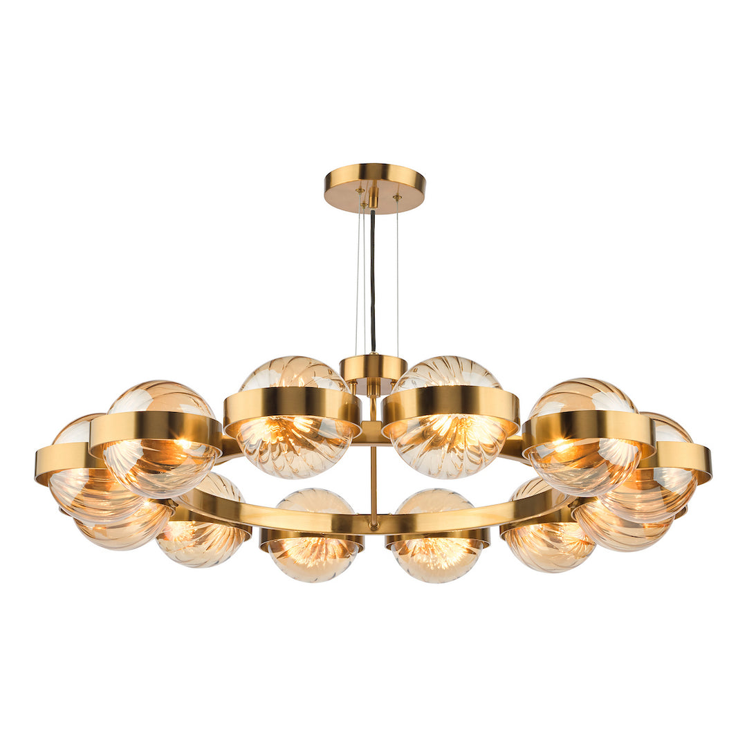 Dar OPH1235 Ophira 12 Light Pendant Antique Gold and Amber Ribbed Glass
