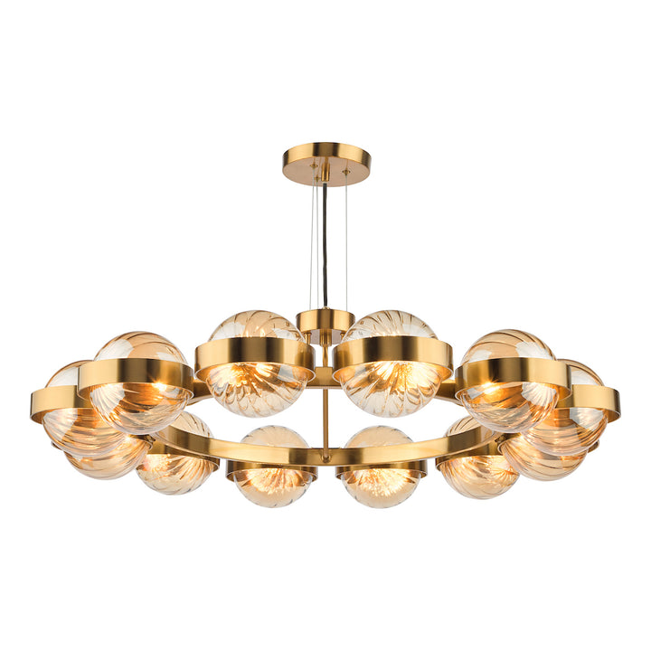 Dar OPH1235 Ophira 12 Light Pendant Antique Gold and Amber Ribbed Glass