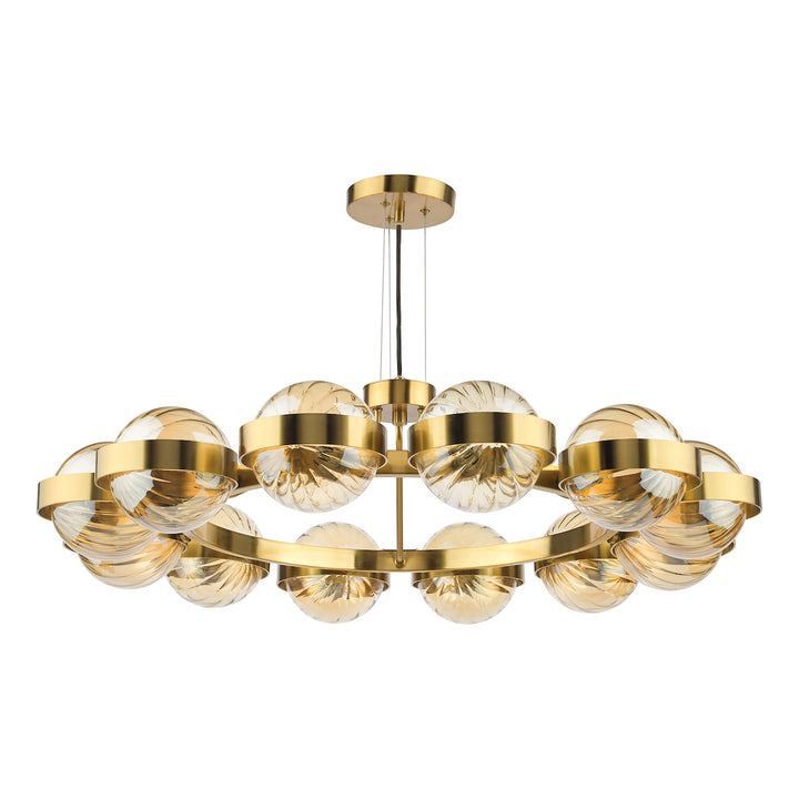 Dar OPH1235 Ophira 12 Light Pendant Antique Gold and Amber Ribbed Glass