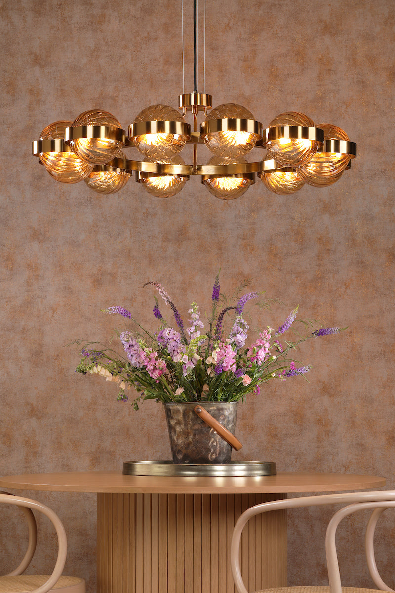 Dar OPH1235 Ophira 12 Light Pendant Antique Gold and Amber Ribbed Glass