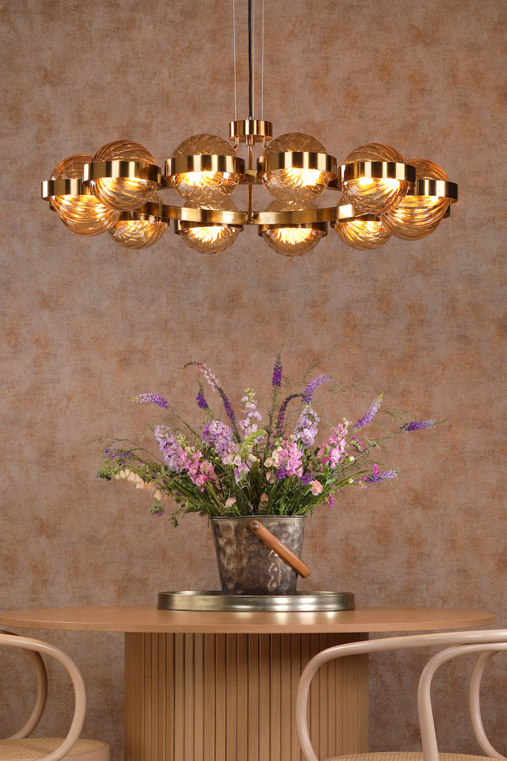 Dar OPH1235 Ophira 12 Light Pendant Antique Gold and Amber Ribbed Glass