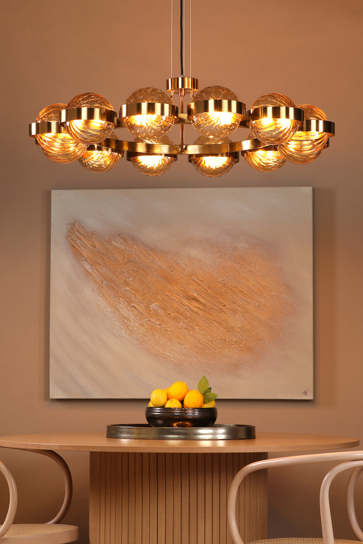 Dar OPH1235 Ophira 12 Light Pendant Antique Gold and Amber Ribbed Glass