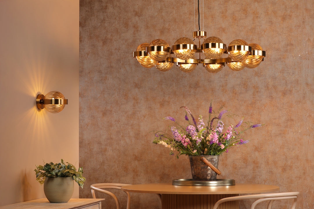 Dar OPH1235 Ophira 12 Light Pendant Antique Gold and Amber Ribbed Glass