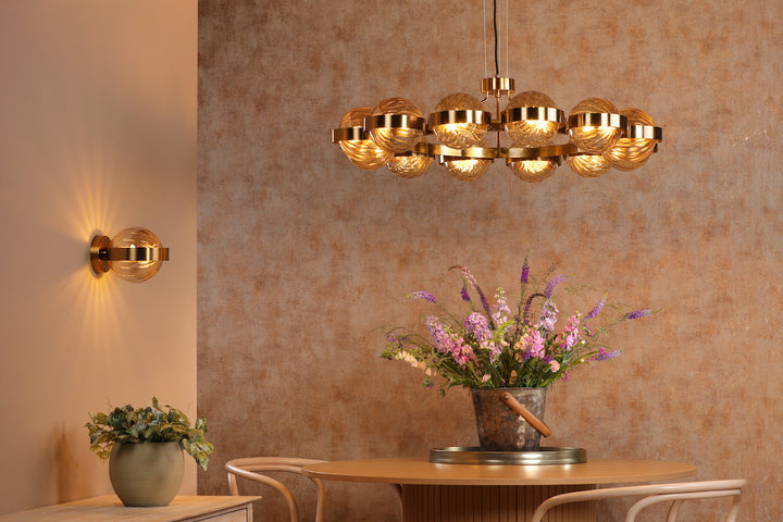 Dar OPH1235 Ophira 12 Light Pendant Antique Gold and Amber Ribbed Glass