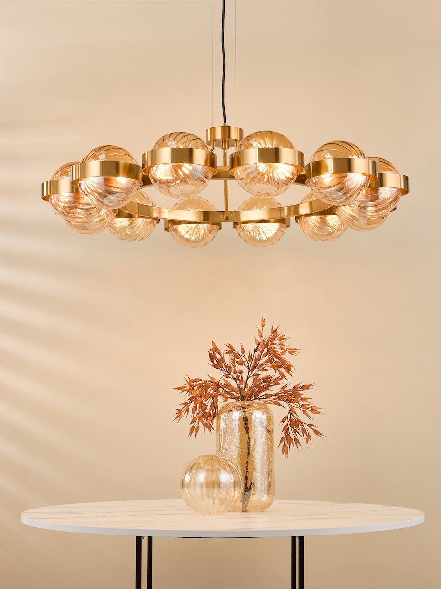 Dar OPH1235 Ophira 12 Light Pendant Antique Gold and Amber Ribbed Glass