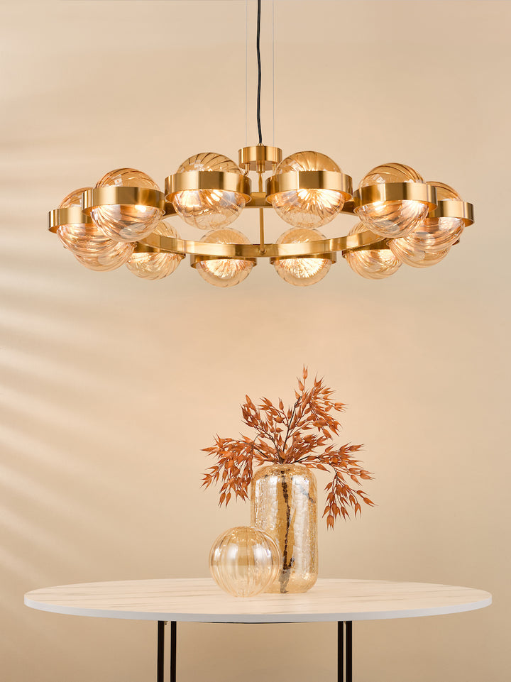 Dar OPH1235 Ophira 12 Light Pendant Antique Gold and Amber Ribbed Glass