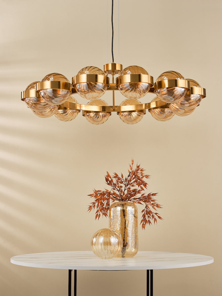 Dar OPH1235 Ophira 12 Light Pendant Antique Gold and Amber Ribbed Glass