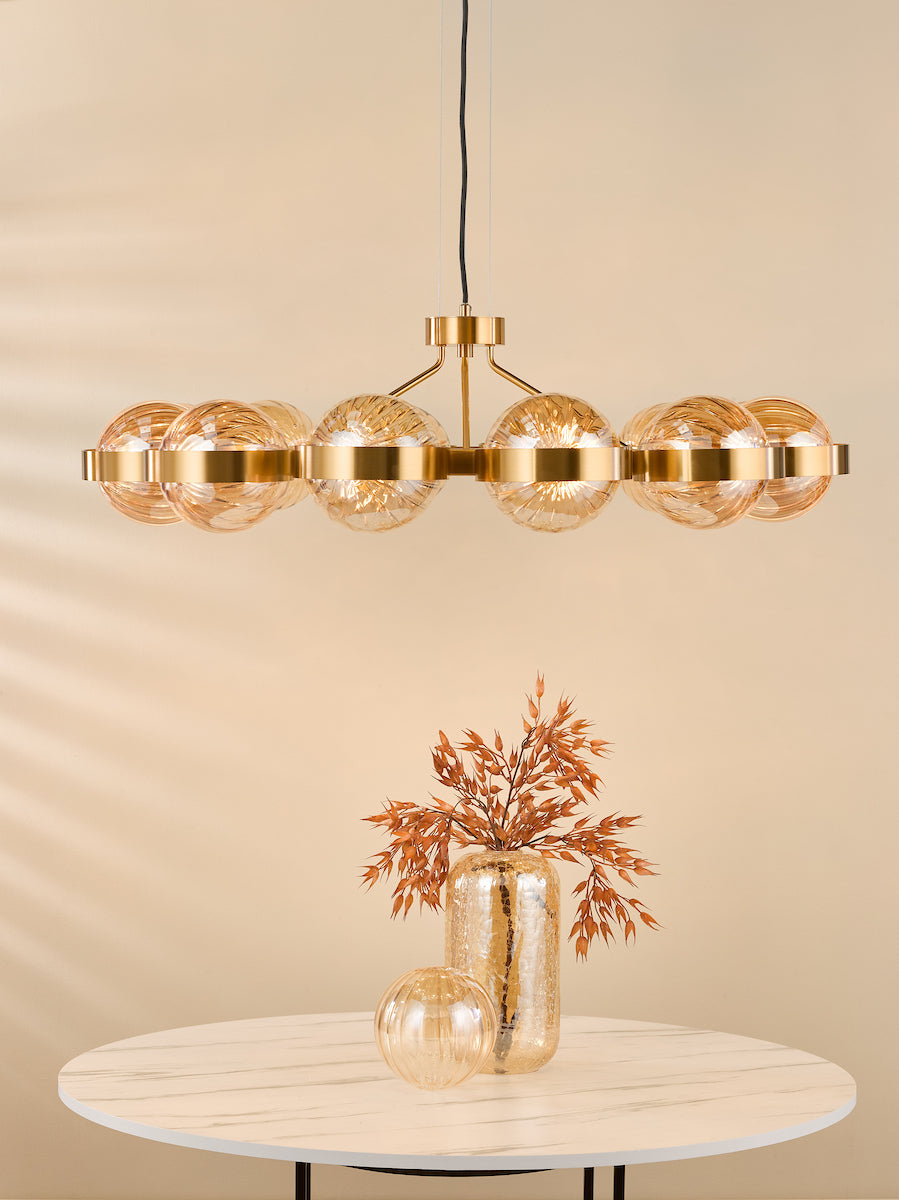 Dar OPH1235 Ophira 12 Light Pendant Antique Gold and Amber Ribbed Glass