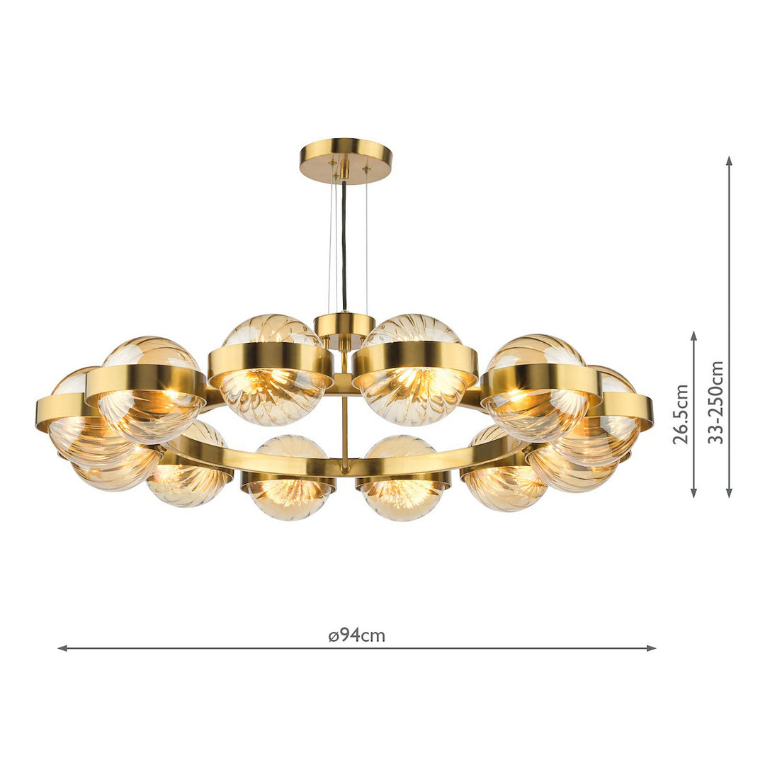 Dar OPH1235 Ophira 12 Light Pendant Antique Gold and Amber Ribbed Glass