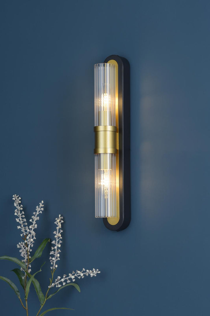 Dar RHI0954 Rhian 2 Light Wall Light Matt Black and Ribbed Glass