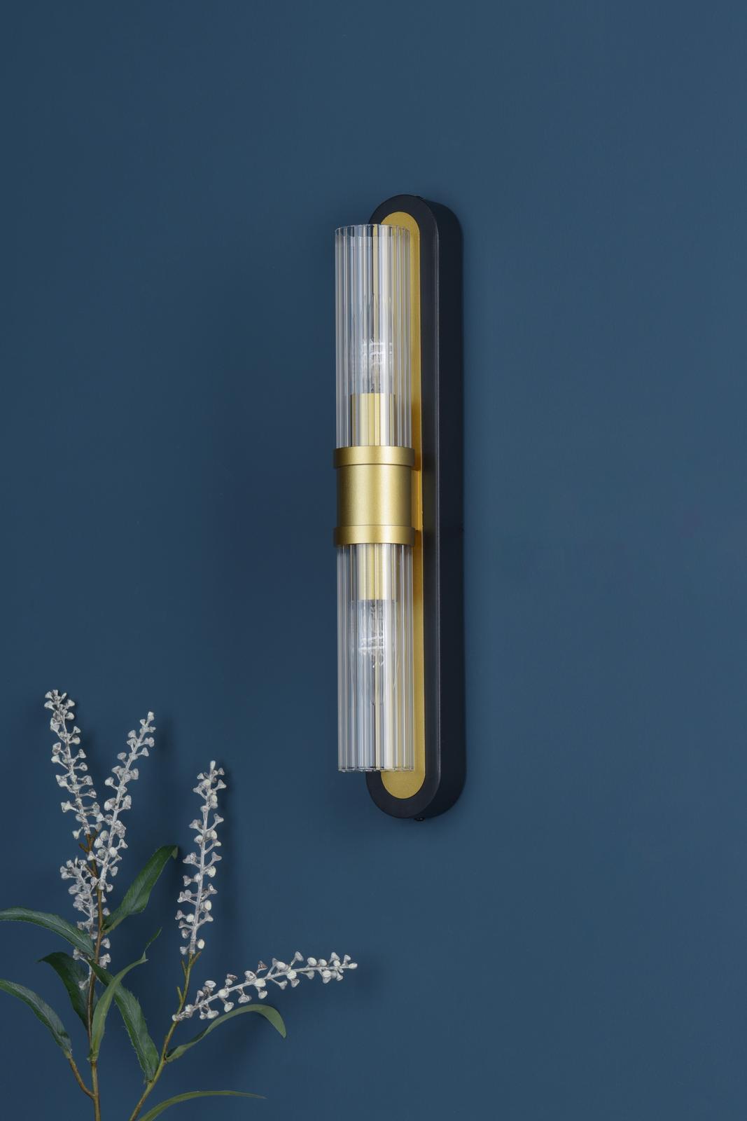 Dar RHI0954 Rhian 2 Light Wall Light Matt Black and Ribbed Glass