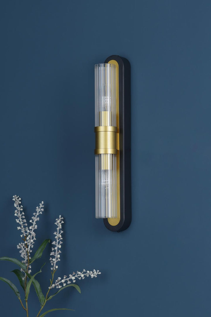 Dar RHI0954 Rhian 2 Light Wall Light Matt Black and Ribbed Glass