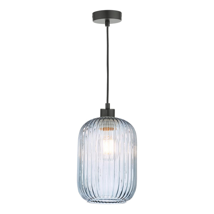 Dar SP69-SAW6523 Sawyer Pendant Matt Black and Blue Ribbed Glass