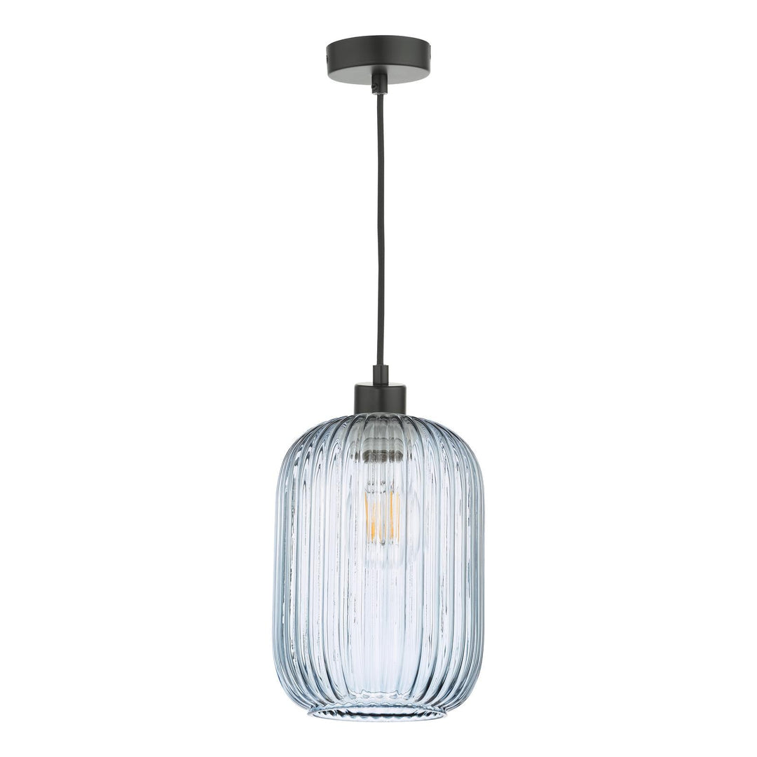 Dar SP69-SAW6523 Sawyer Pendant Matt Black and Blue Ribbed Glass