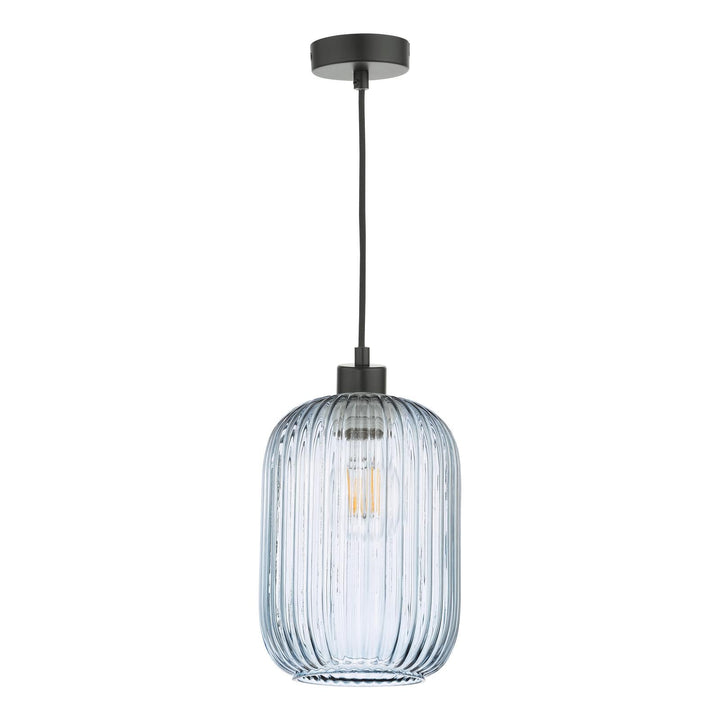 Dar SP69-SAW6523 Sawyer Pendant Matt Black and Blue Ribbed Glass