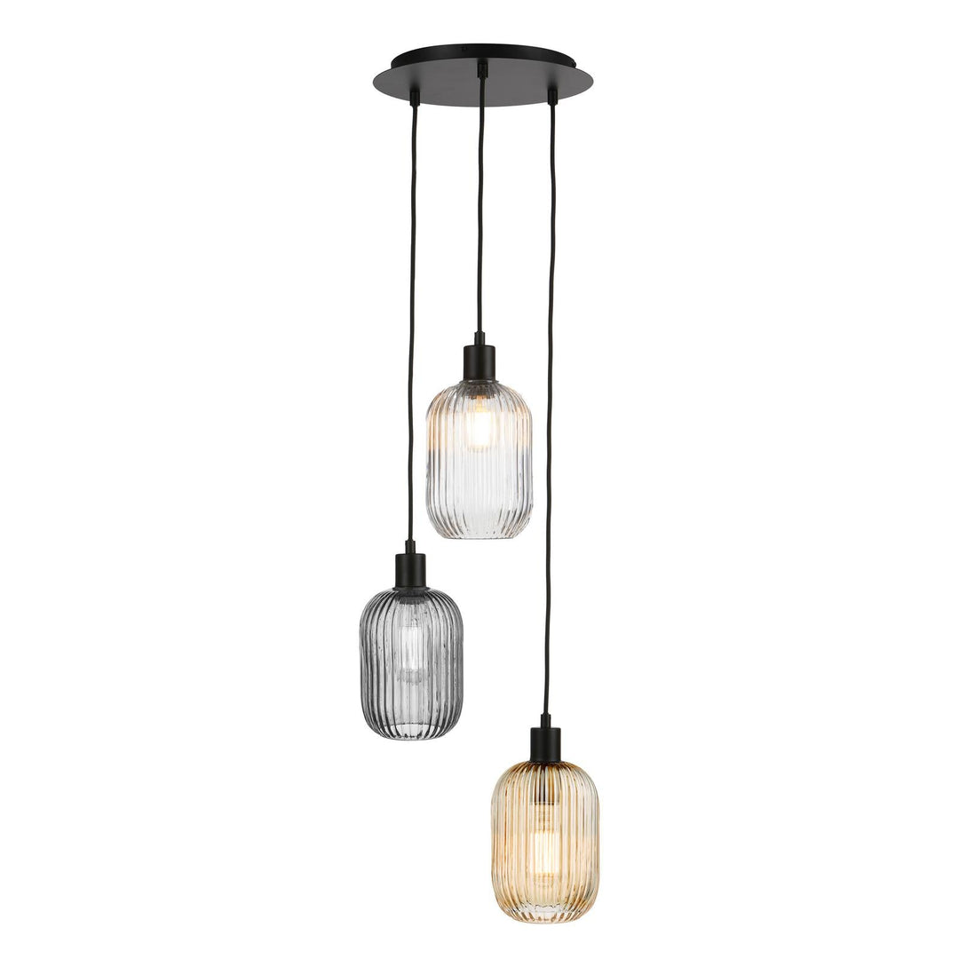 Dar SPC0322-MIX 3 Light Cluster Pendant Matt Black and Ribbed Glass