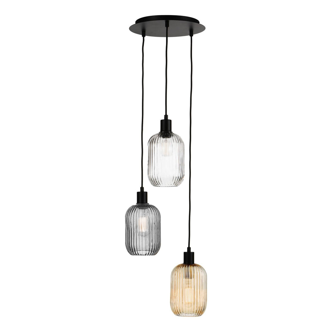 Dar SPC0322-MIX 3 Light Cluster Pendant Matt Black and Ribbed Glass