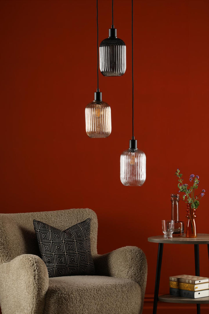 Dar SPC0322-MIX 3 Light Cluster Pendant Matt Black and Ribbed Glass