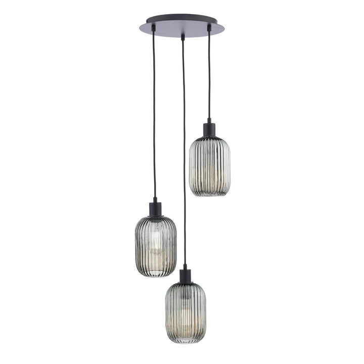 Dar SPC0322-SAW6510 3 Light Cluster Pendant Matt Black and Smoked Ribbed Glass