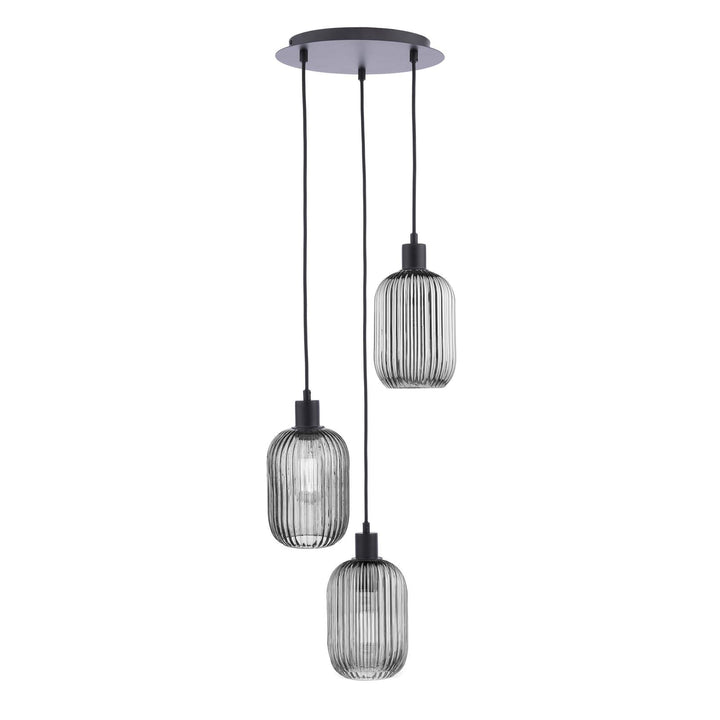 Dar SPC0322-SAW6510 3 Light Cluster Pendant Matt Black and Smoked Ribbed Glass