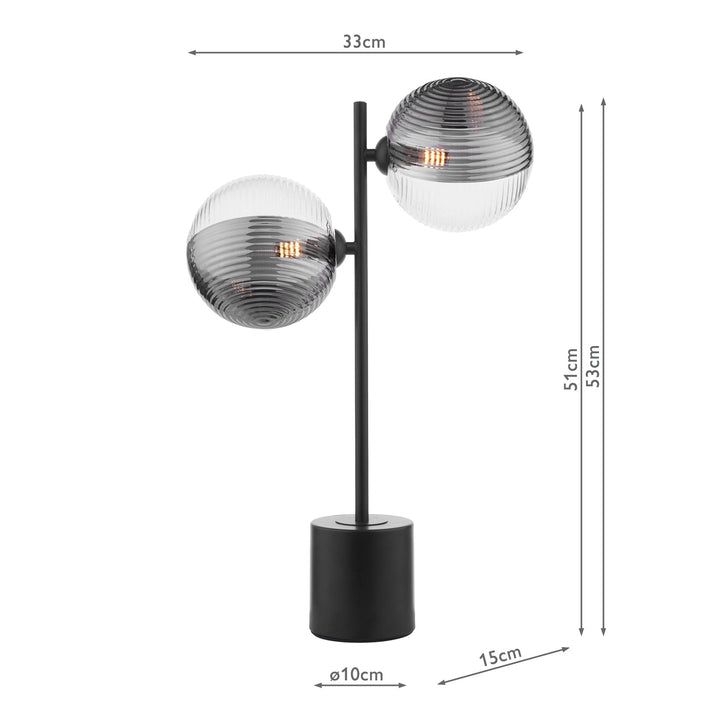 Dar SPI4222-19 Spiral 2 Light Table Lamp Matt Black With Smoked/Clear Ribbed Glass