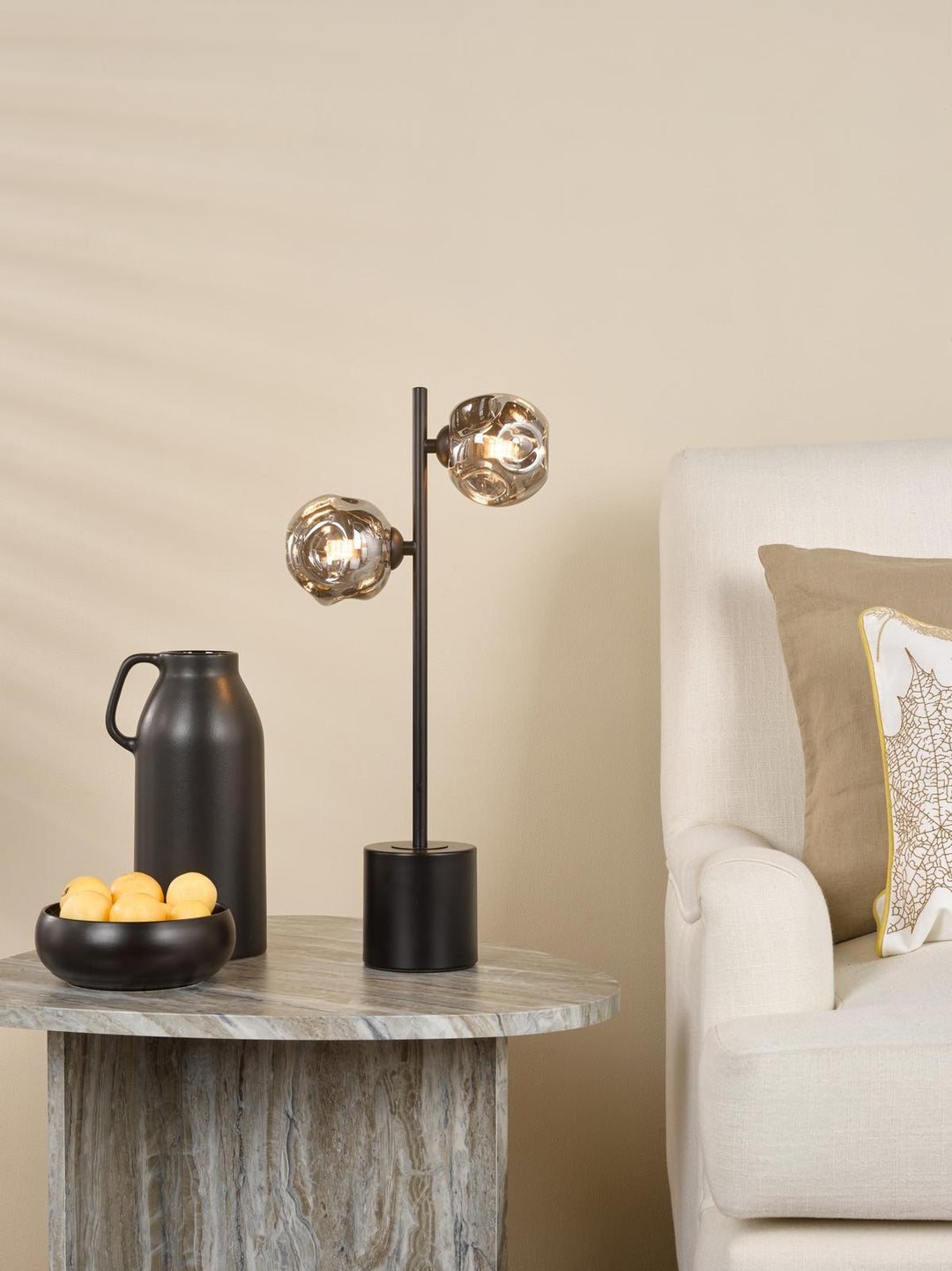 Dar SPI4222-28 Spiral 2 Light Table Lamp Matt Black With Closed Organic Smoked Glass
