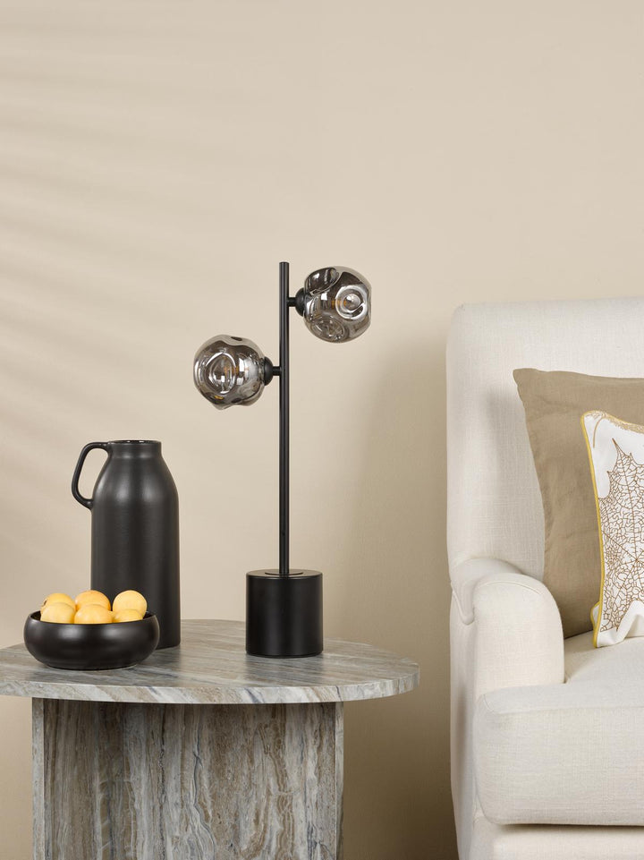 Dar SPI4222-28 Spiral 2 Light Table Lamp Matt Black With Closed Organic Smoked Glass
