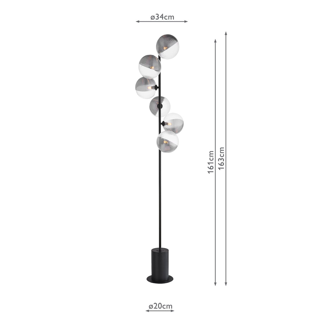 Dar SPI4922-19 Spiral 6 Light Floor Lamp Matt Black With Smoked/Clear Ribbed Glass