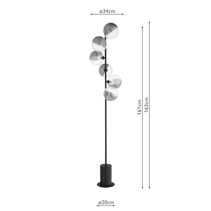 Dar SPI4922-19 Spiral 6 Light Floor Lamp Matt Black With Smoked/Clear Ribbed Glass