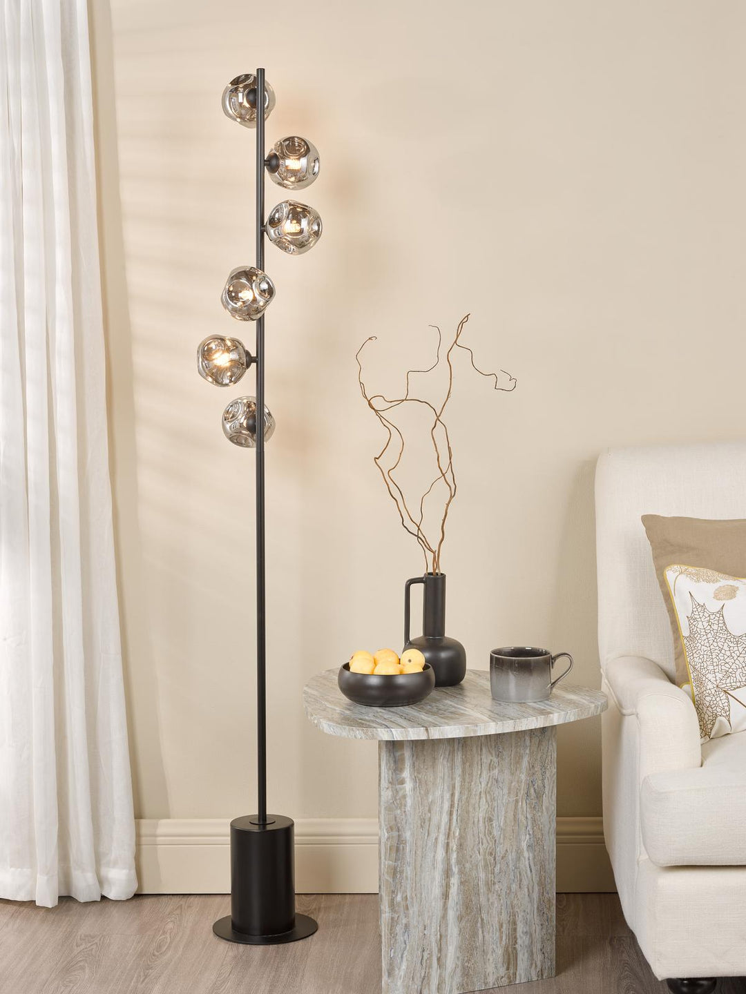 Dar SPI4922-28 Spiral 6 Light Floor Lamp Matt Black With Closed Organic Smoked Glass